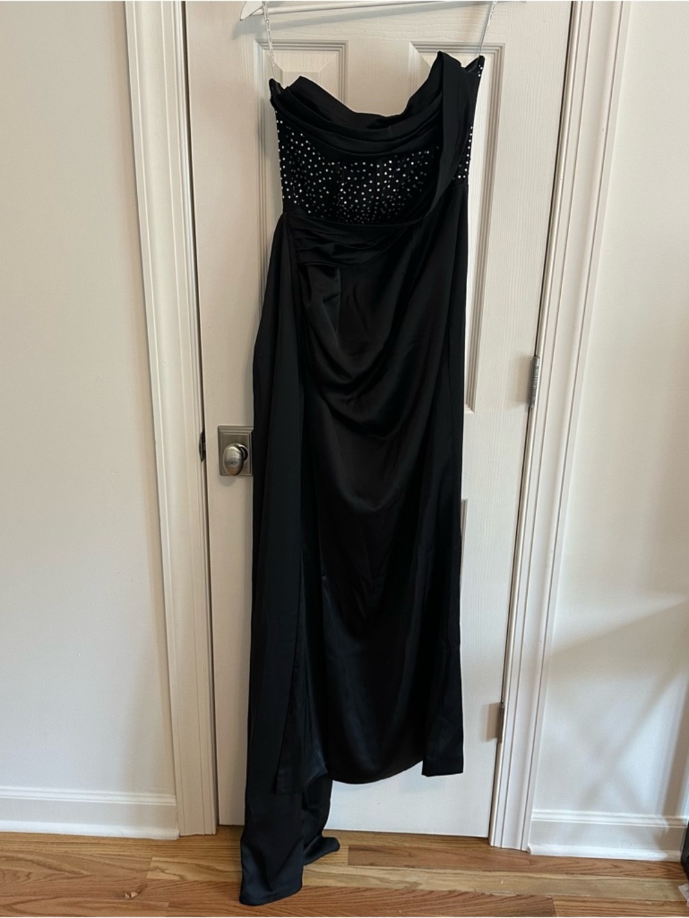 Miss Circle Holly Black Crystallized Corset High Slit Satin Gown - Picture 3 of 13